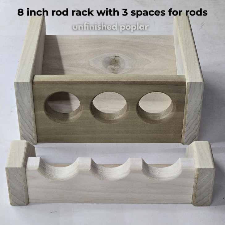 8 inch rod rack with 3 spaces for rods in unfinished solid poplar wood
