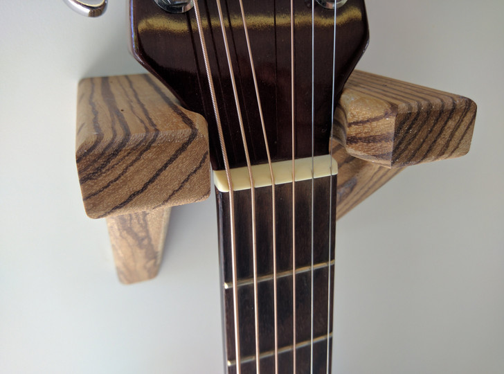 Zebrawood Guitar Hanger with Guitar Top Front View