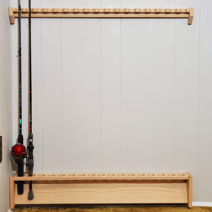 Fishing Rod Rack, Wall Mount Pole Holder, 36" Wide, 17 Rod Capacity, Solid Red Oak Wood, Unfinished, with two rods