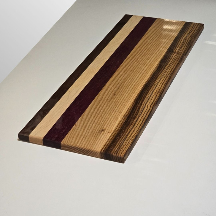 Edge Grain Cutting Board, Solid Zebra Wood, Ash, Purple Heart, Maple, and Walnut