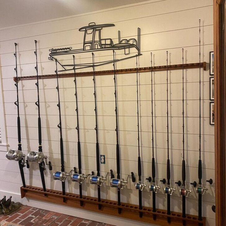 94 Inch Fishing Rod Rack, Solid Mahogany Wall Mount Vertical Fishing Pole Holder