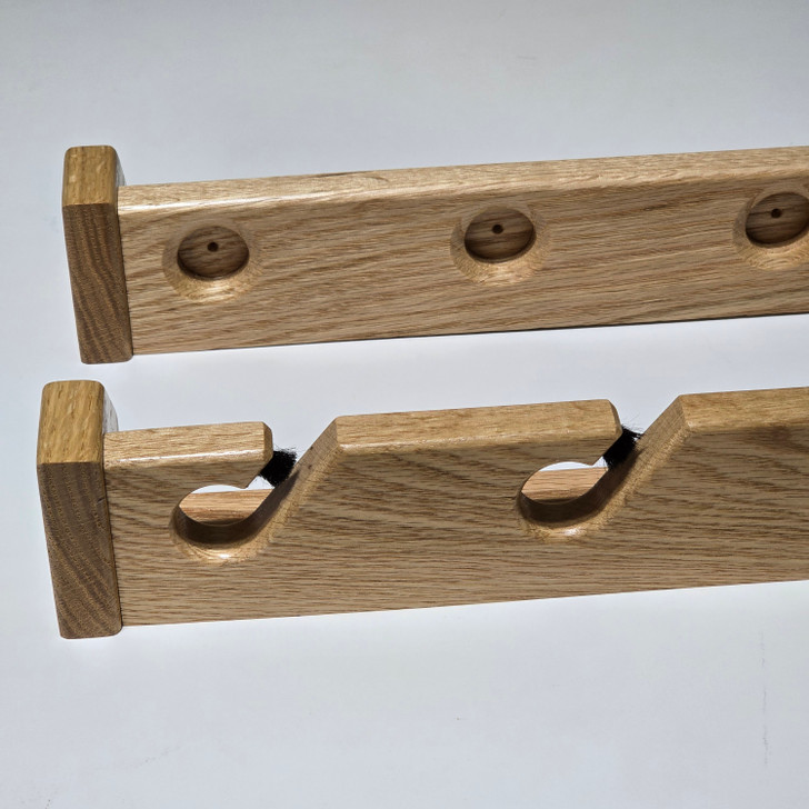 Red oak wood fly rod rack with clear polyurethane finish