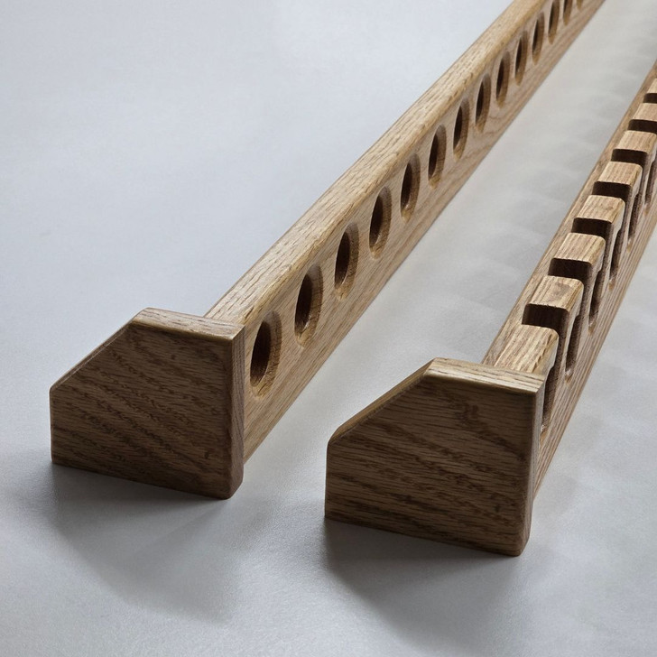 Red oak wood fly rod rack with clear polyurethane finish