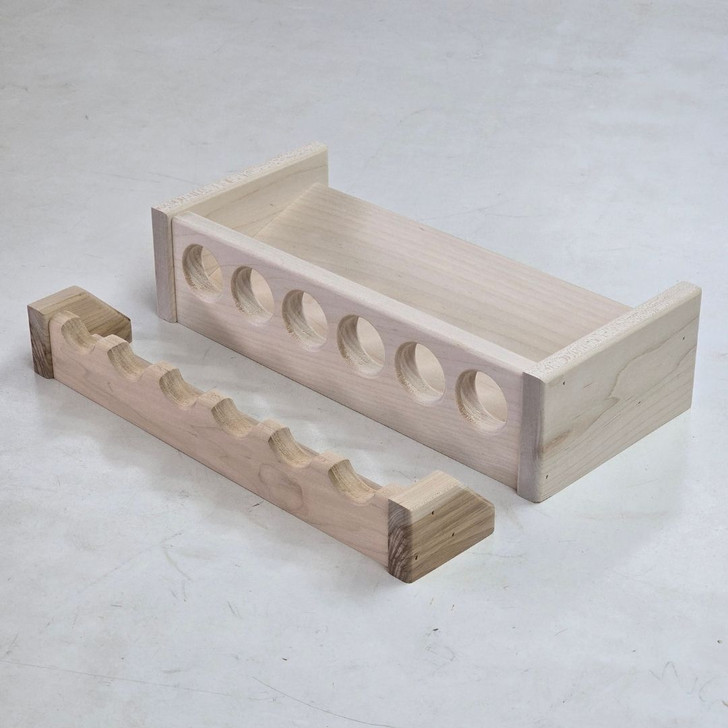 14 inch solid maple wooden fishing rod rack with 6 spaces for rods from Chris Skrobarczyk Carpentry