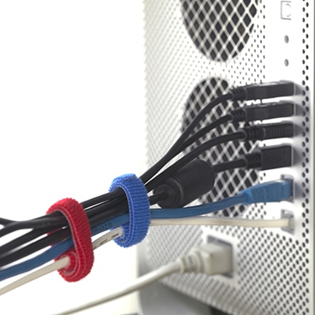 Image of computer cables held with red and blue cable straps from iTapeStore.com