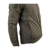 side view of a ranger green tactical military style zip up jacket with velcro patches on the sleeve and a insulated hood showing front pockets