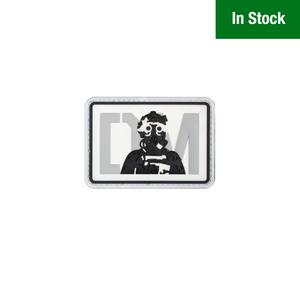A black and white patch with a soldier in a gas mask and DM A black and white patch with a soldier in a gas mask and DM