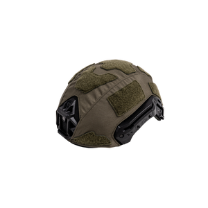 Side view of a tactical military black ballistic team wendy helmet with a DM helmet cover