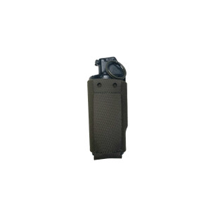 Front side view of a tactical military style ranger green flash bang pouch with flash bang inserted Front side view of a tactical military style ranger green flash bang pouch with flash bang inserted