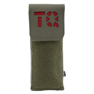 front closed view of a tactical military style tourniquet pouch that holds 2 TQ's  in ranger green and red insert front closed view of a tactical military style tourniquet pouch that holds 2 TQ's  in ranger green and red insert