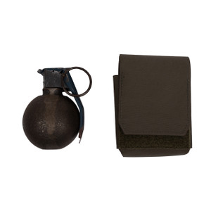 Front view of a tactical military style frag pouch in ranger green with a grenade next to pouch