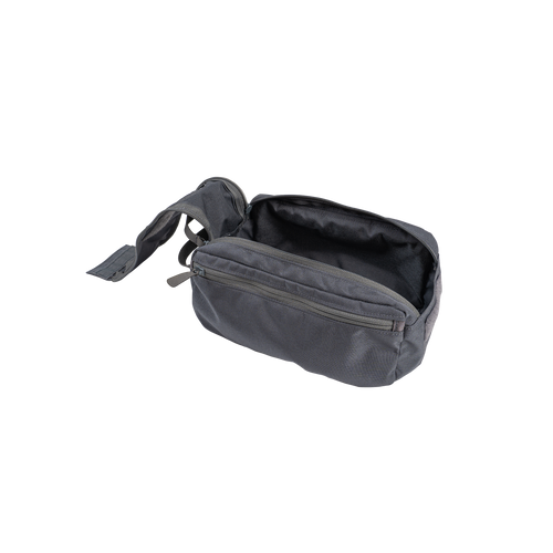 top open side view of a tactical style organizer bag with multiple zip pockets in wolf grey
