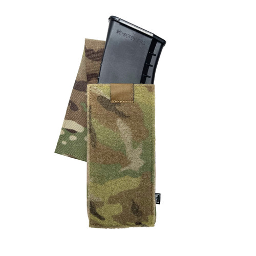 Front view of a tactical military style ak mag pouch in multicam with mag inserted