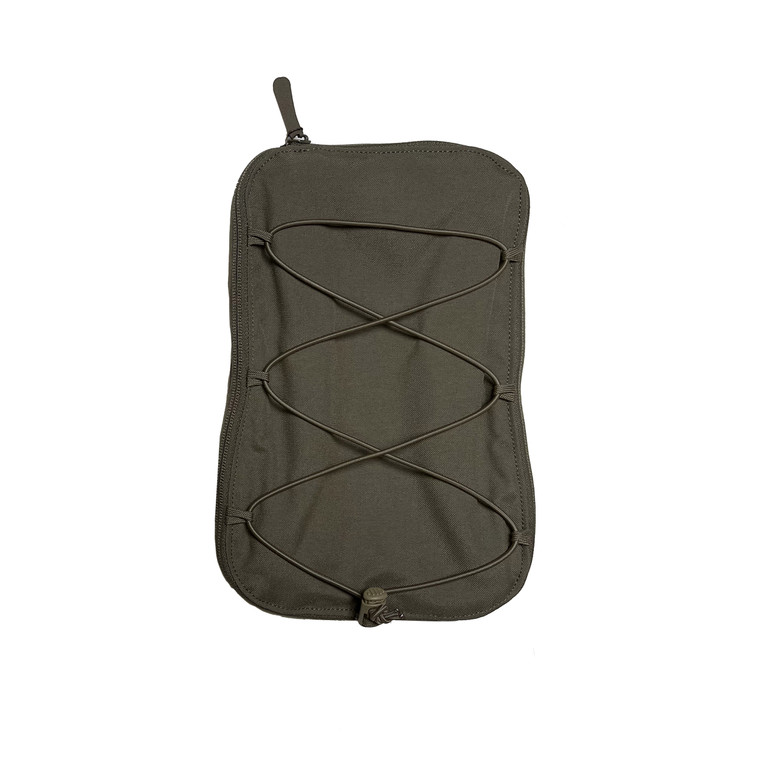 front of a ranger green gas mask bag with cinch cord system on front in collapsed form