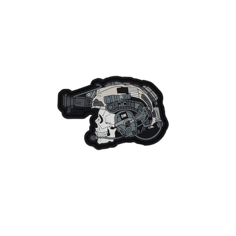 Profile of a skull wearing a tactical helmet, night vision, and hearing protection