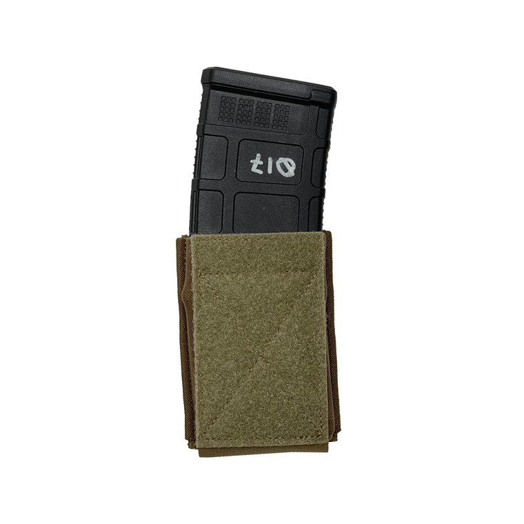 front view of a coyote brown tactical military style elastic ar15 magazine with loop velcro on front side with ar15 magazine inside