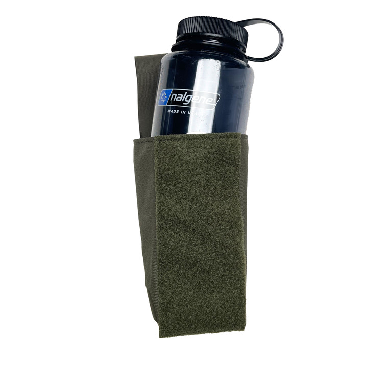 Front view of a tactical military style Nalgene pouch in ranger green with bottle being inserted