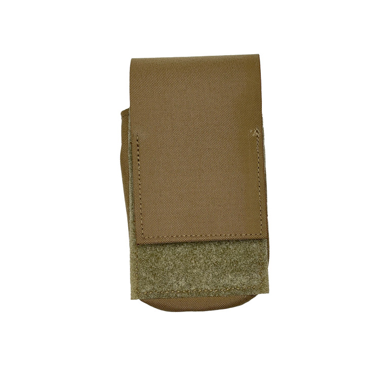 front view of a military style smoke grenade pouch in coyote brown