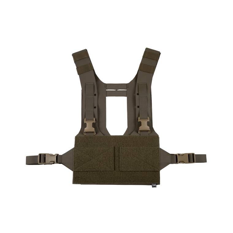 Front chest rig side view of a military tactical recce style load carrying platform in ranger green