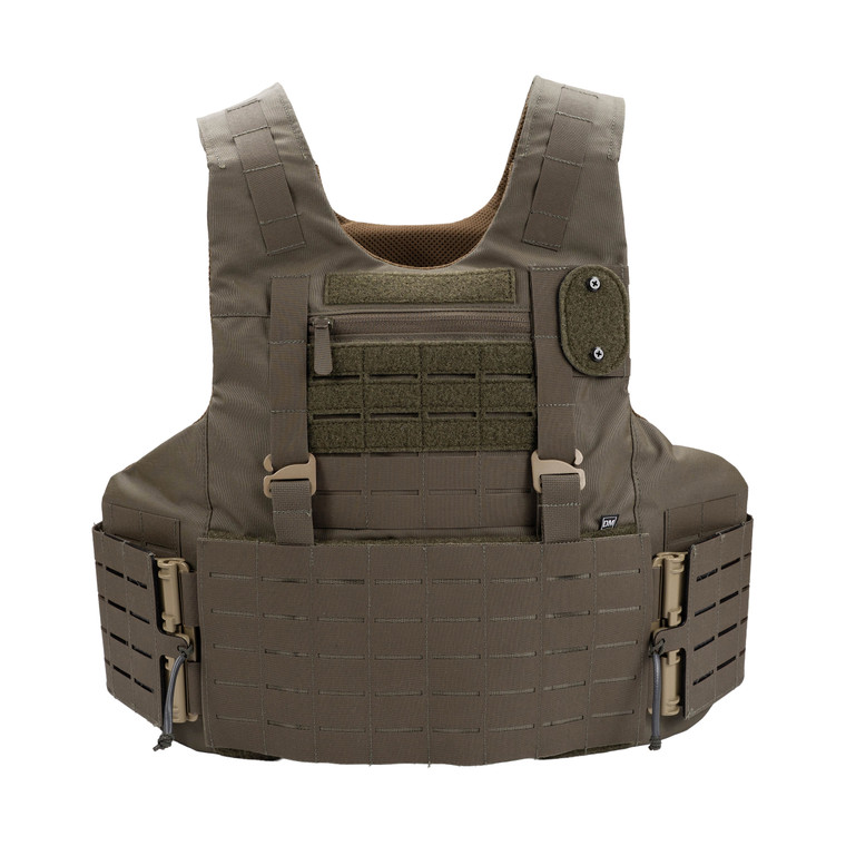 Front view of ONYX APOC in Ranger Green with included badge holder and MOLLE placard