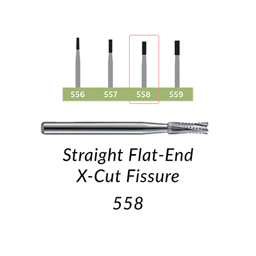 Carbide Burs. FG-558 Short Shank Straight Flat-End X-Cut Fissure. 10 pcs.