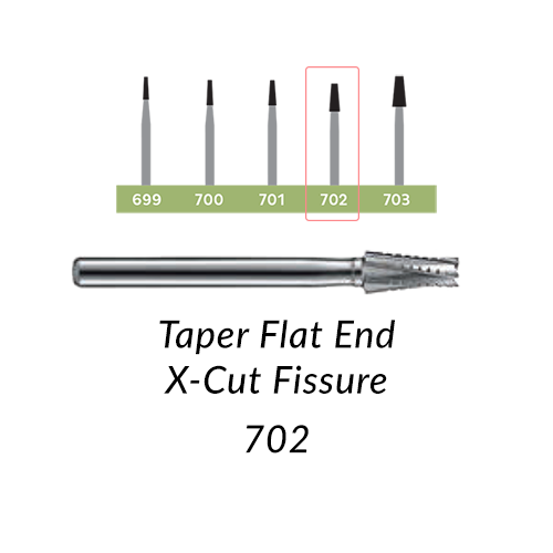 Carbide Burs. FG-702 OS Taper Flat End X-Cut Fissure. Clinic Pack of 100/bag