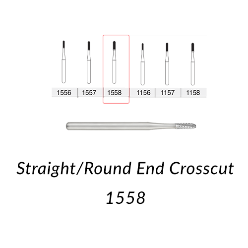 Carbide Burs. FG-1558 Straight Round End Crosscut. Clinic Pack of 100 pcs/bag