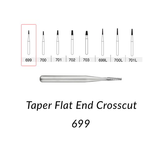 Carbide Burs. FG-699 Taper Flat End Crosscut. Clinic Pack of 100 pcs/bag