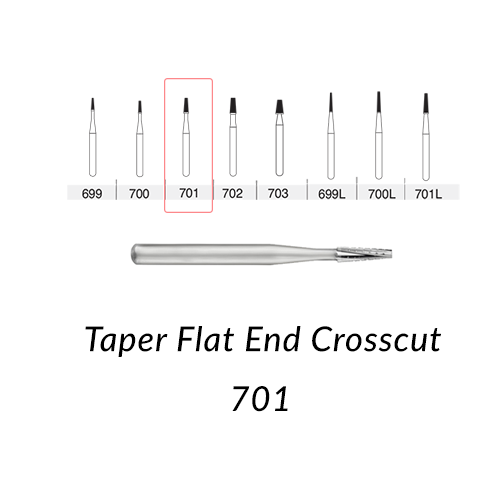 Carbide Burs. FG-701 Taper Flat End Crosscut. Clinic Pack of 100 pcs/bag