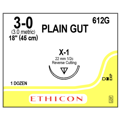 Ethicon Sutures. Plain Gut. 612G 3-0 X-1 18â€ 12/Box