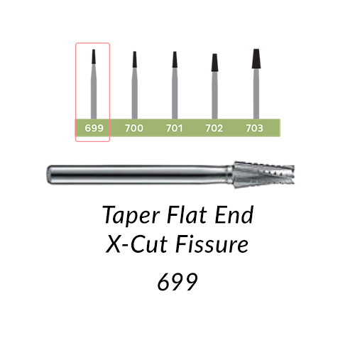 Carbide Burs. FG-699 Taper Flat End X-Cut Fissure. Clinic Pack of 100/bag