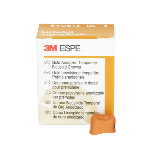 3M Gold Anodized Temporary Bicuspid Crowns, 940513, Upper Left First Bicuspid, Size 3, 5 Crowns