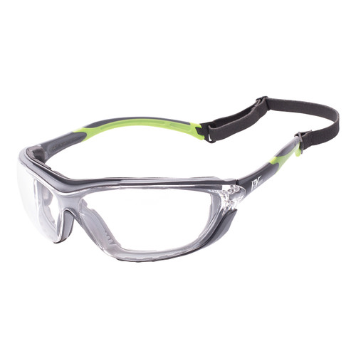 ProVision Secure Safety Eyewear with strap, black frame/clear lens/green tips