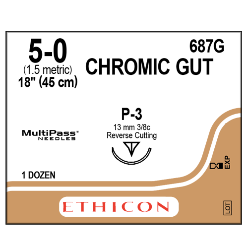 Ethicon Sutures. Chromic Gut. 687G 5-0 P-3 18" 12/Box