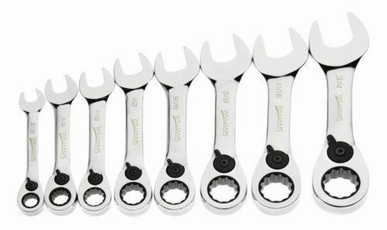 Williams 5/16 - 3/4" Williams Stubby Reversible Ratcheting Comb Wrench Set 8 Pcs - WS-1168RCS 