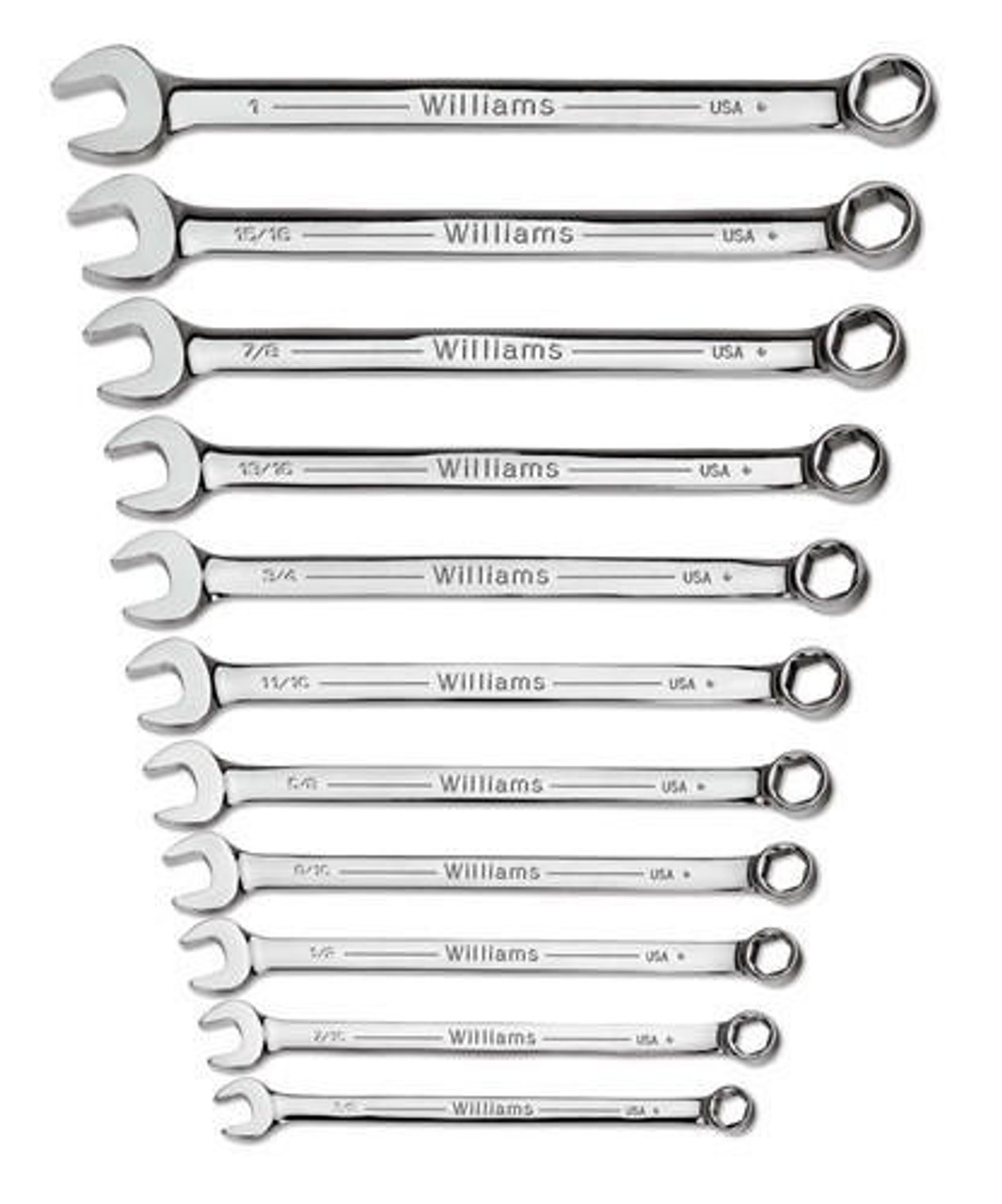 Williams 3/8" - 7/8" Williams High Polish Chrome Combination Wrench Set 6 Pt 11 Pcs - WS-SC11 