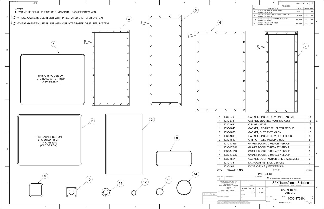 Drawing of kit showing all included gaskets