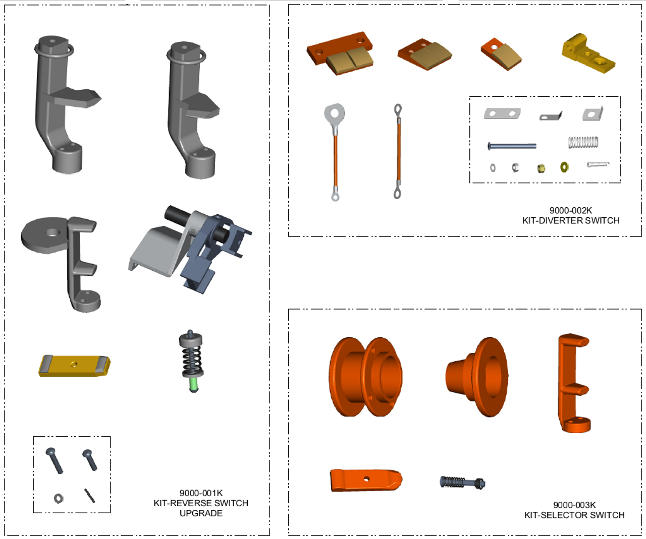 Drawing of 25RT32 with 3D models of each part in the contact kit