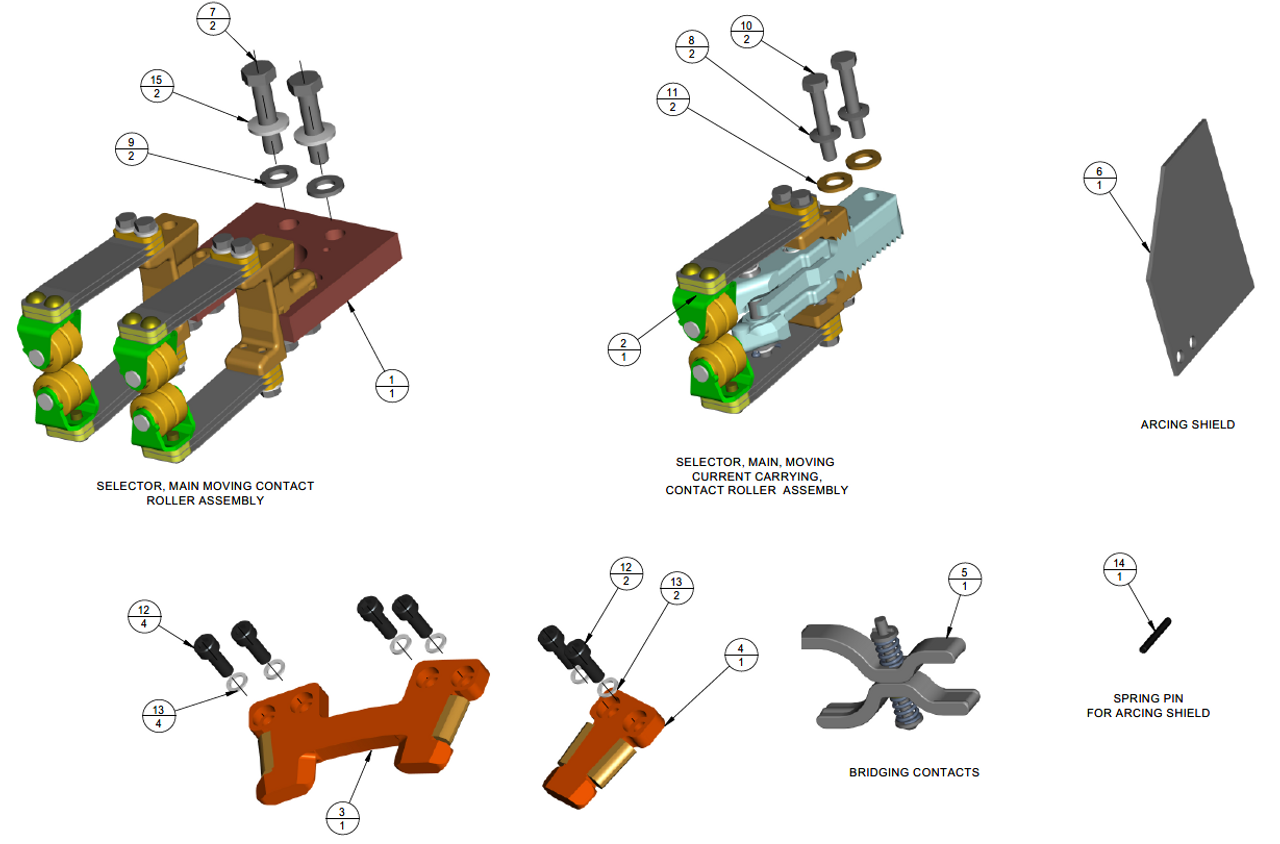 3D model of parts in UZE selector switch contact kit