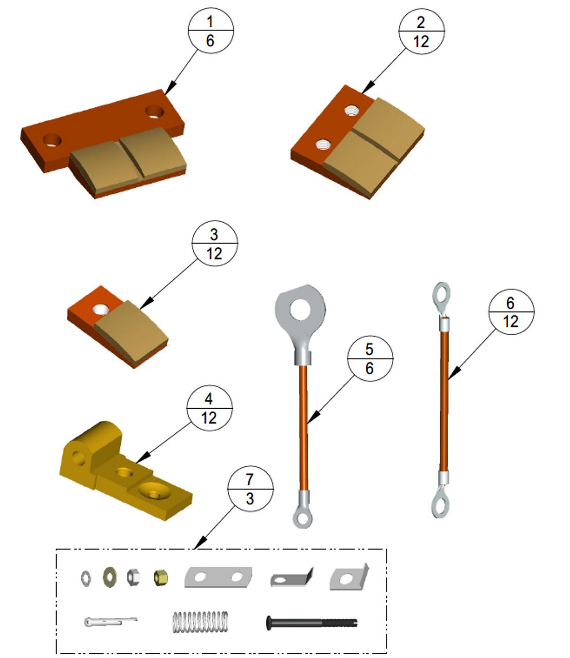 3D model of parts included in the 25RT32 diverter switch contact replacement kit