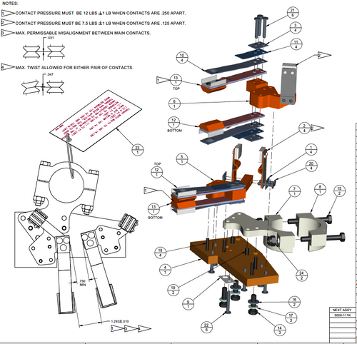 3D model exploded view of LRT68 moving contact assembly with 2D front view