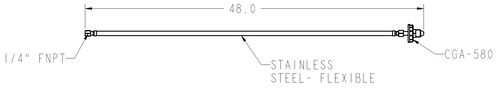 2D drawing of flex hose showing length dimension and fitting types