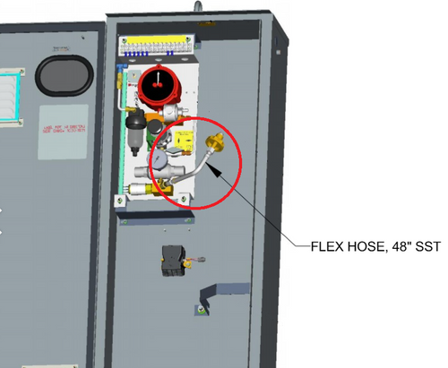 3D model of N2-1 inert air system with flexible hose labeled and circled in red