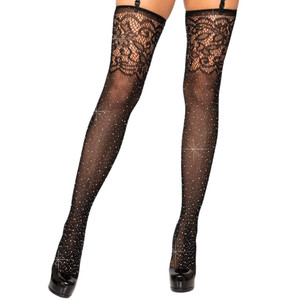 RHINESTONE FISHNET STOCKINGS WITH LACE DETAILING