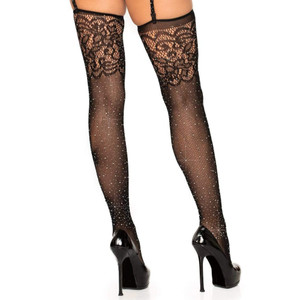 RHINESTONE FISHNET STOCKINGS WITH LACE DETAILING