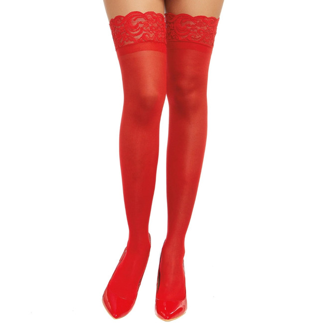 SHEER THIGH HIGH LACE STAY UP SILICONE TOP RED