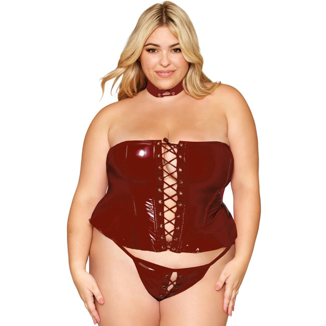 QUEEN VINYL PEPLUM BUSTIER, COLLAR AND G STRING SET