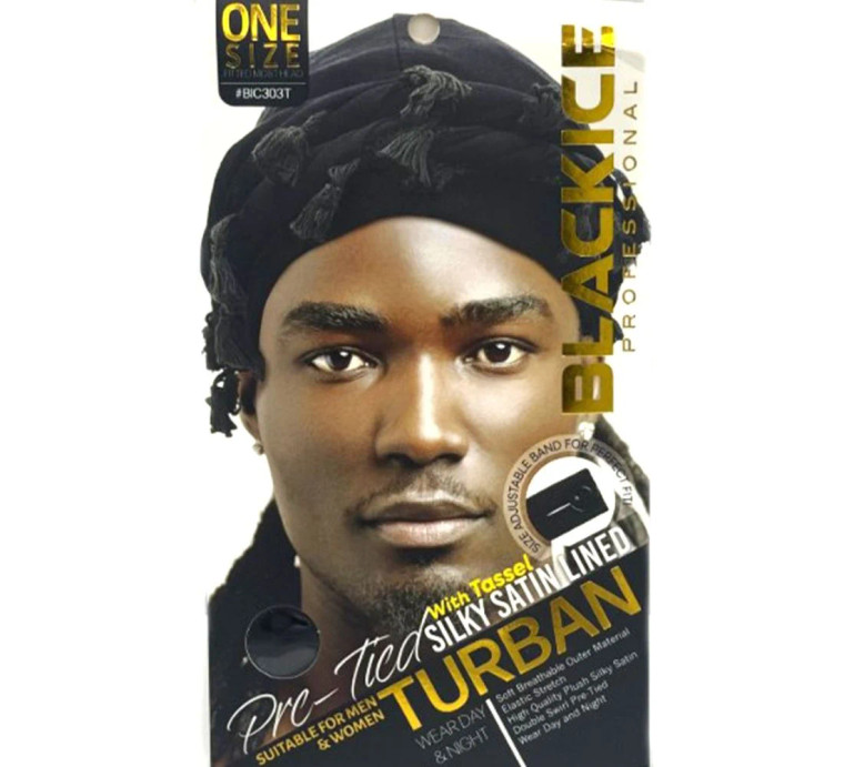 BlackIce Pre Tied Satin Lined Black Turban #BIC303T