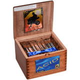 Drew Estate Acid Cigars Blue Blondie 40 Ct. Box, an open wooden box displaying a pack of flavorful cigars with a blue ribbon at the bottom, and a colorful Acid Cigars promotional card attached inside the lid.