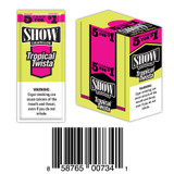 Show Foil Cigarillos, packaging for Tropical Twista flavor, 5 cigars for $1, with a box containing 15 pouches of 5, featuring bright yellow, pink, and black colors.